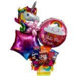Arreglo de Globos y Chocolates feliz cumpleaños unicornio